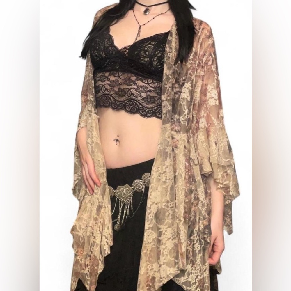 SOLD ! origami two toned brown lace hanker chief fairy boho cardigan